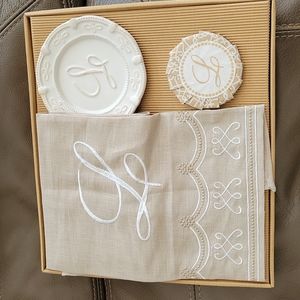 Mudpie 3 piece L monogrammed linen hand towel and soap set